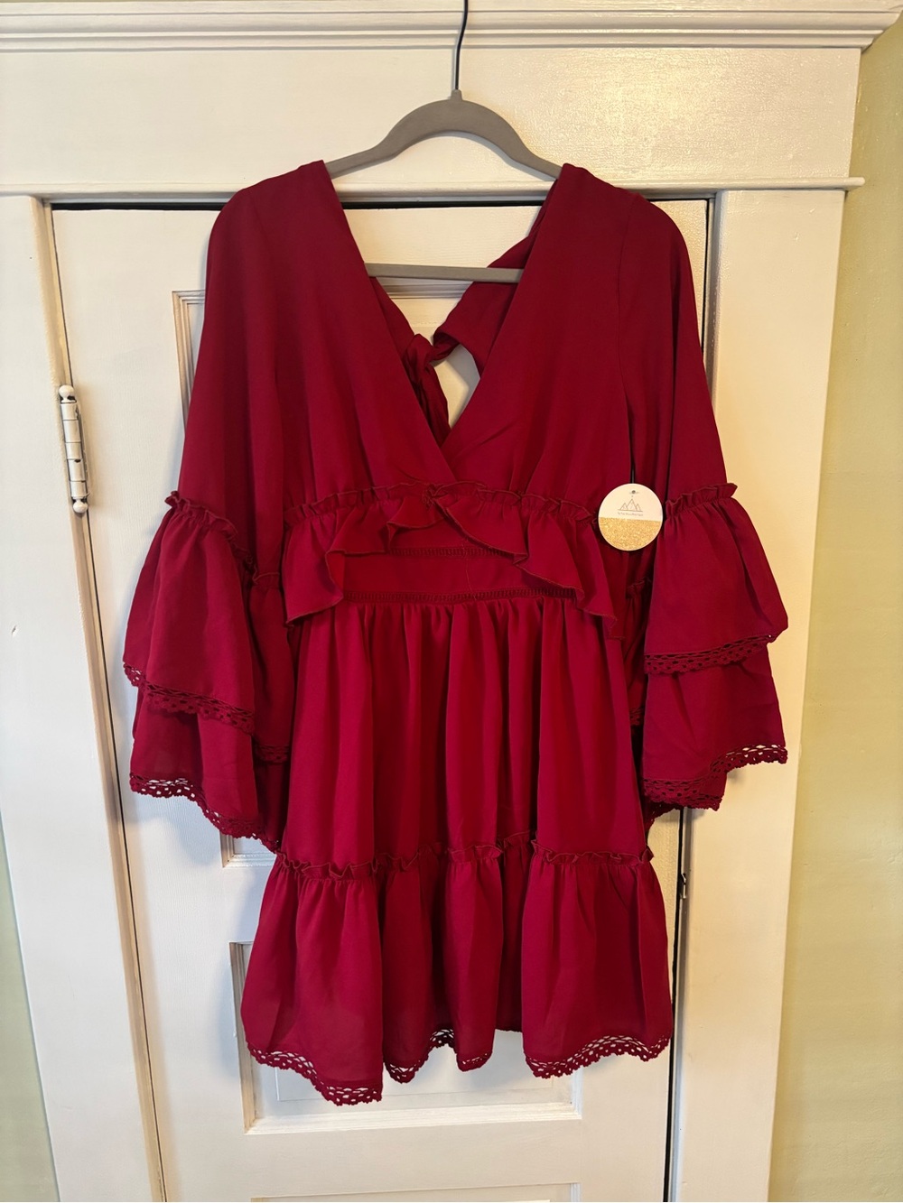 the clothing company Burgundy Ruffle V-Neck Tiered Mini Dress